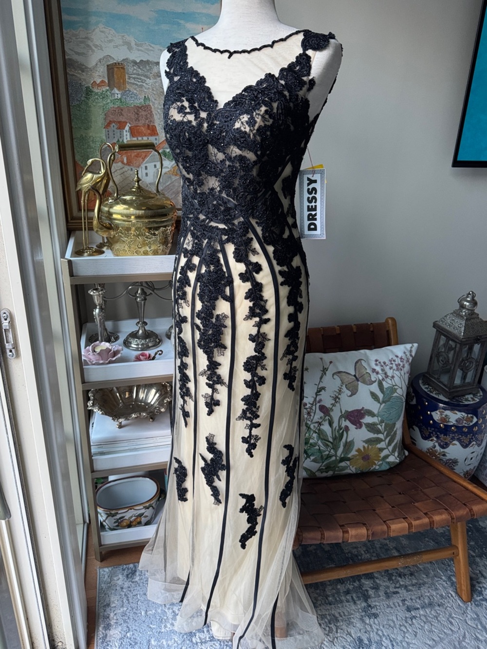 Dave & Johnny Black Lace Appliqué on Nude Illusion Tulle prom dress